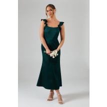 Oasis Women's Ruffle Square Neck Satin Bridesmaid Midi Dress in Emerald | Size: 8