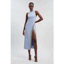 Karen Millen Women's Petite Crystal Embellished Woven Split Maxi in Blue | Size: 6