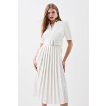 Karen Millen Women's Forever Tailored Structured Crepe Forever Pleat Belted Midi Dress in Ivory | Size: 8