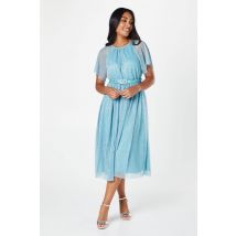 Womens Petite Metallic Plisse Angel Sleeve Midi Dress