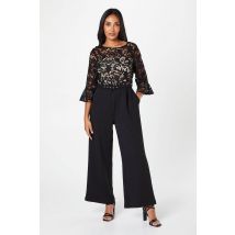Womens Petite Lace Ruffle Sleeve Jumpsuit