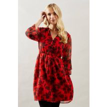 Womens Petite Red Floral Abstract Shirred Waist Midi Dress