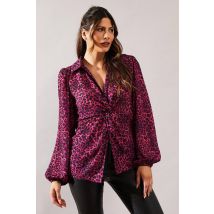 Womens Animal Print Knot Detail Collared Blouse