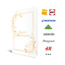 Carte Cadeau Multi Enseignes - Carte de vœux 2 en 1 Joyeux Anniversaire - De 10€ à 150€ - Valable dans + de 300 enseignes