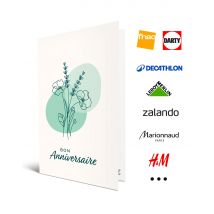 Carte Cadeau Multi Enseignes - Carte de vœux 2 en 1 Bon Anniversaire - De 10€ à 150€ - Valable dans + de 300 enseignes