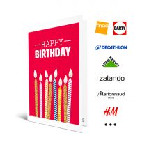 Carte Cadeau Multi Enseignes - Carte de vœux 2 en 1 Happy Birthday Bougies - De 10€ à 150€ - Valable dans + de 300 enseignes