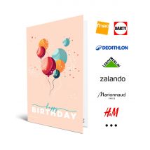 Carte Cadeau Multi Enseignes - Carte de vœux 2 en 1 Happy Birthday Ballons - De 10€ à 150€ - Valable dans + de 300 enseignes