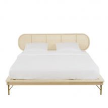 160x200cm bed in solid pine and cane woven rattan contemporary style - Beige - Wood - Maisons Du Monde