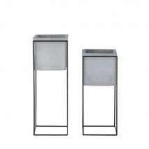 2 Pale Grey Planters with Black Metal Stand H77 industrial style - Grey Metal - Maisons Du Monde