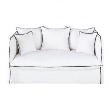 2-Sitzer-Sofa mit Bezug aus gewaschenem Leinen, weiß mit schwarzen Volants classic chic Stil - Leinen - Maisons Du Monde
