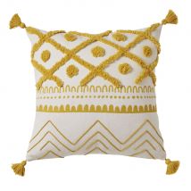 Baumwollkissen mit Pompons, naturweiß mit grafischen Motiven in Senfgelb 40x40 Gelb Baumwolle Kinder Maisons du Monde