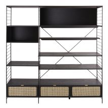 Bücherregal/TV-Möbel mit 3 Türen aus schwarzem Metall und Rattangeflecht Stil vintage Beige Metall Maisons du monde