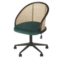 Cadeira De Escritório Com Rodas Em Veludo Verde E Palhinha De Rattan estilo exótico - Preto - Maisons Du Monde