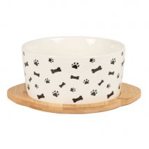 Ciotola per cane in ceramica bianca e nera con supporto in bambù - Modello Contemporaneo - Bianco - Maisons du Monde