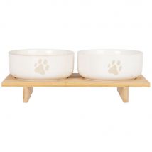 Ciotole in gres écru (x2) e supporto in bambù - Modello Contemporaneo - Bianco - Maisons du Monde