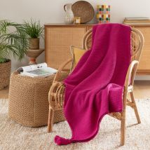 Decke Aus Baumwolle Mit Pompons, Fuchsia, 130x170cm Stil modern - Rosa Baumwolle Festliche Dekoration - Maisons Du Monde