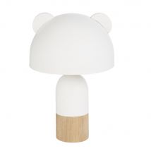 Ecru lamp met witte metalen lampenkap, houten oren en tweekleurige houten voet H25 stijl - hedendaags - Beige Kind - Maisons Du Monde