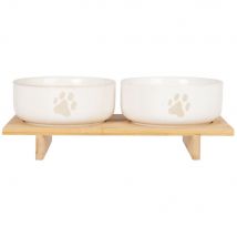 Ecru stoneware pet bowls (x2) and bamboo stand contemporary style - White Sandstone - Maisons Du Monde