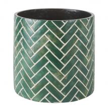 Green cement planter with white print H36cm exotic style - Green - Maisons Du Monde