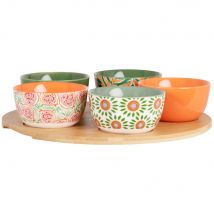 Green, yellow and orange stoneware appetiser dishes (x5) and bamboo tray contemporary style - Multicolour Sandstone - Maisons Du Monde