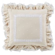 Kissen aus beigefarbener Baumwolle mit Rüschen und weißer Spitze, 60x60cm Stil classic chic Baumwolle Maisons du Monde