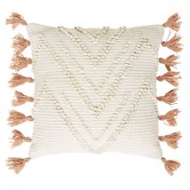 .Kissen aus ecrufarbener Webbaumwolle mit altrosafarbenen Pompons, 45x45cm exotic Stil - Weiß - - Maisons Du Monde