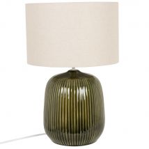 Lampe aus tannengrüner Keramik mit Lampenschirm aus beigefarbenem Leinen Stil classic chic Keramik Maisons du Monde