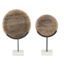 Mango wood, marble and black metal disc ornaments (x2) H48cm exotic style - Brown - Maisons Du Monde