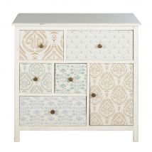 Mobiletto portaoggetti a 1 anta e 5 cassetti bianco con motivi serigrafati multicolore - Modello Country - Legno - Maisons du Monde