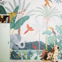 Papel De Parede Com Estampado De Selva Multicolor 250x300 estilo contemporâneo - Azul Papel - Criança - Maisons Du Monde