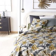 Parure da letto in cotone bio verde-blu e giallo senape con stampa tropicale 220x240 cm - Modello Esotico - Multicolore - Maisons du Monde