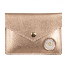 Pink leather card holder with embroidered daisy contemporary style - Pink Leather And Split Leather - Maisons Du Monde