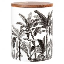 Porzellantopf weiß und schwarz mit Palmenmotiven und Deckel aus Akazienholz, H15cm Stil exotic Maisons du Monde