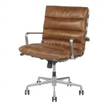 Sedia da scrivania in pelle bovina imbottita marrone con rotelle - Modello Vintage - Metallo - Maisons du Monde