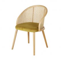 Stuhl mit Armlehnen, ockerfarbenem Samtbezug und aus naturfarbenem Rattangeflecht vintage Stil - Beige - Maisons Du Monde