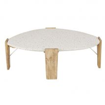 Tavolino basso in pietra effetto graniglia e legno massello di mango - Modello Contemporaneo - Bianco - Maisons du Monde