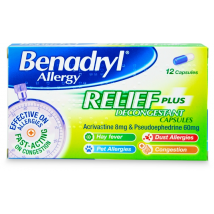 Benadryl Plus Allergy Relief Capsules 12 Pack
