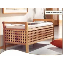 Panca in legno di noce con cuscini e spazio contenitore.