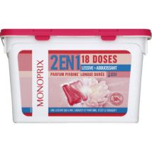 doses 2 en 1 lessive + adoucissant, parfum pivoine x18 - Monoprix