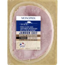 Monoprix jambon cuit 2 tranches sel réduit sans couenne 80g - Monoprix