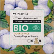 Monoprix disque de cotons double face démaquillants lavable et réutilisables bio x6 Biologique