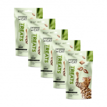 PrimaCat - Treats pour chat - Lot de 5 sachets Crunchy anti-boules de poils - 40g- Boeuf | Saumon | Poulet | Dinde | Herbes