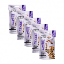 PrimaCat - Treats pour chat - Lot de 5 sachets Crunchy peau et pelage - 40g- Boeuf | Saumon | Poulet | Dinde | Herbes