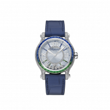 Chopard - Montre Happy Sport Laguna Verde pour Femme - 36 Mm, Automatique, Or Blanc Éthique, Diamants, Saphirs, Emeraudes - 2.42 Carats