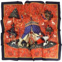 Echarpe Brochier Soieries 1890 Carré 90 Paysage Médiéval à la Licorne
