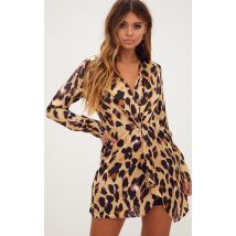 Sukienka Satynowa z Długim Rękawem - Leopard