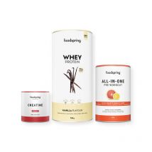 foodspring Muscle Pack Basic | 3x | Whey Protein & All-in-one Pre-workout & poudre de Créatine | Notre offre de shake protéinés