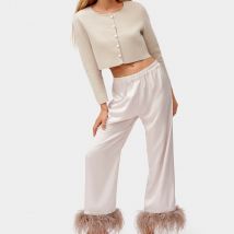 Sleepers Party Pyjamas Feather-Trimmed Satin Lounge Trousers - XS