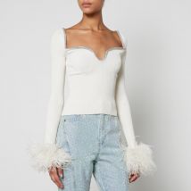 Self-Portrait Feather-Trimmed Ribbed Knit Top - XS