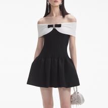Self-Portrait Bow Ribbed-Knit Mini Dress - M